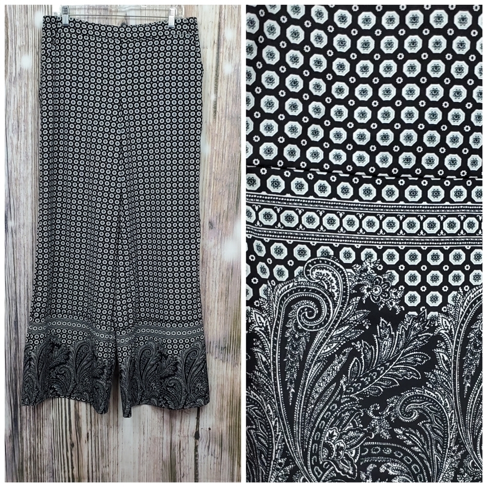 New York & Company Paisley Wide Leg Palazzo Pants Black Size Med